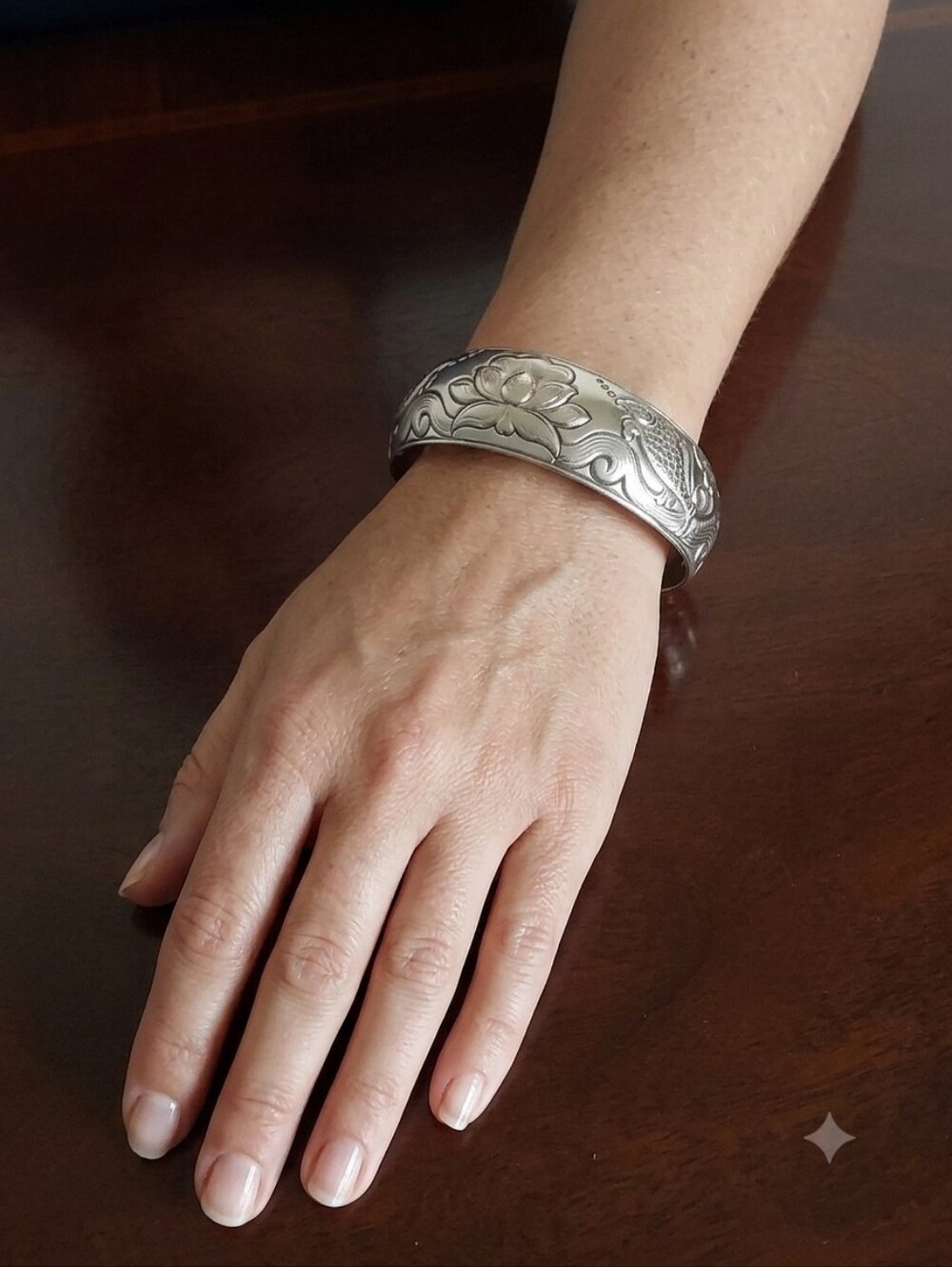 Floral  Tibetan Silver Tone Engraved Fish & Lotus Cuff Bracelet